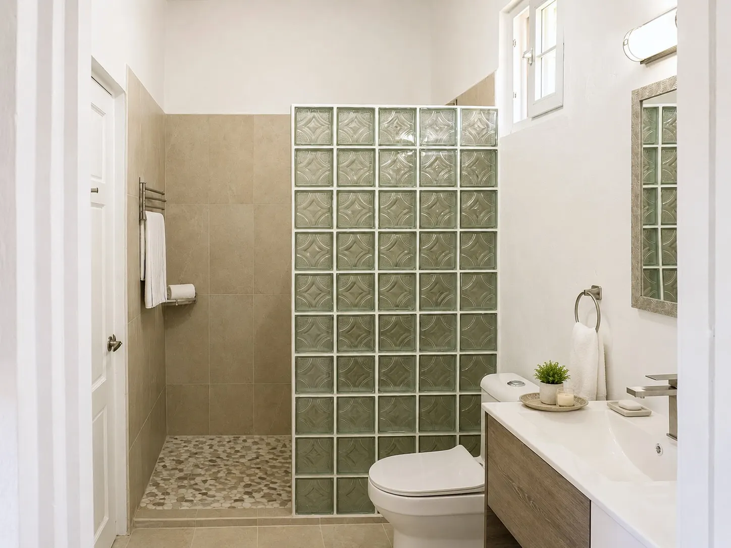 Bathroom with walk-in glass block shower and vanity